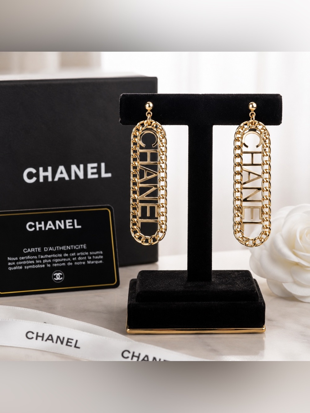 CHANEL Gold Logo Chain-Link Drop Earrings